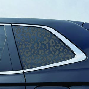 May include: A section of a dark blue car window with a leopard print design. The pattern is a series of dark gray spots. The window is framed with a silver trim.