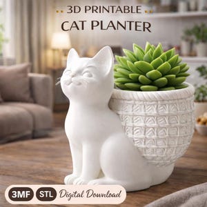 May include: A white cat-shaped planter with a basket-weave design, holding a green succulent plant. The cat is looking upwards with a smiling expression. Text on the image reads "3D Printable Cat Planter" and "3MF STL Digital Download".