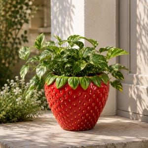 May include: A vibrant red ceramic strawberry-shaped planter filled with a green and white leafy plant. The planter has a textured surface with small yellow seed details and green leaf accents around the rim. The plant's leaves have a speckled pattern.