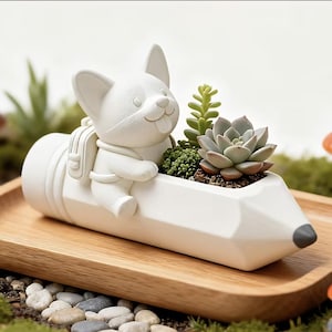 Maceta con forma de perro lápiz 3D – Archivo 3MF Bambu Lab – Maceta para suculentas Kawaii – Maceta con forma de perro adorable – Decoración de oficina impresa en 3D