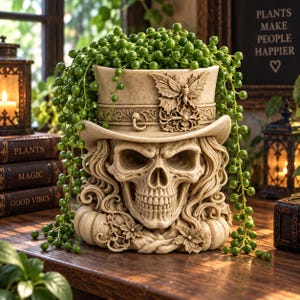 Puede incluir: Una maceta beige con forma de calavera que lleva un sombrero de copa adornado con un relieve de mariposa y flores. La calavera tiene el pelo largo y ondulado y está rodeada de enredaderas verdes de planta rosario, creando un adorno botánico.