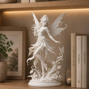 May include: A white fairy figurine with detailed wings and flowing dress. The fairy stands on a base with floral accents and a butterfly. The figurine is displayed on a wooden shelf with books and a framed picture.