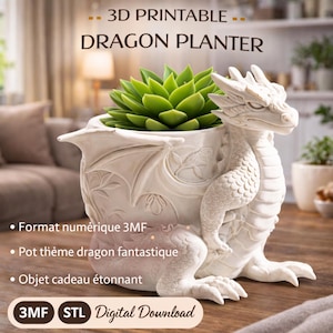 Puede incluir: Una maceta de dragón blanca con una planta suculenta verde. La maceta es imprimible en 3D y presenta el texto "3D PRINTABLE DRAGON PLANTER". El texto adicional incluye "3MF STL Digital Download".