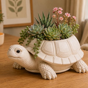 以下が含まれることがあります： クリーム色のカメの形をしたプランターで、さまざまな多肉植物と小さなピンクの花が植えられています。 プランターは詳細な甲羅のデザインで、木製の表面に置かれています。 カメの頭と足も精巧に彫刻されています。