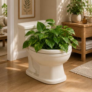 Peut inclure: Des toilettes blanches avec une plante verte luxuriante qui pousse dans la cuvette. La plante a de grandes feuilles en forme de cœur avec des panachures jaunes. Les toilettes sont dans une pièce lumineuse avec un sol en bois.