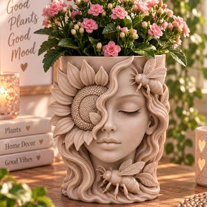 May include: A beige ceramic planter shaped like a human face with closed eyes, adorned with a large sunflower relief over one eye and two sculpted bees. The planter holds a vibrant cluster of small pink flowers with green leaves.