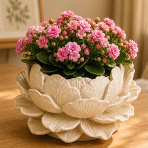 Puede incluir: Una maceta de color crema con forma de flor de loto, llena de vibrantes flores rosas y hojas verdes. La maceta está colocada sobre una superficie de madera, creando una exhibición natural y elegante.