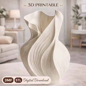 Puede incluir: Un jarrón imprimible en 3D de color crema con un diseño único y fluido. El jarrón tiene una superficie texturizada con líneas curvas y el texto "3D PRINTABLE" en la parte superior. La parte inferior de la imagen incluye el texto "3MF STL Digital Download".