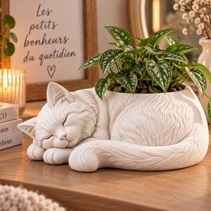 May include: A white ceramic planter shaped like a sleeping cat with detailed fur texture. The cat is curled up with its head resting on its front paws, and a green plant with variegated heart-shaped leaves is growing out of the cat's back.