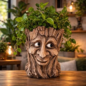 Może przedstawiać: Kapryśna donica w kształcie uśmiechniętej twarzy drzewa, wypełniona zielonymi roślinami. Donica wykonana jest z teksturowanego, brązowego materiału, przypominającego korę drzewa. Oczy są białe z czarnymi źrenicami. Donica stoi na drewnianej powierzchni.