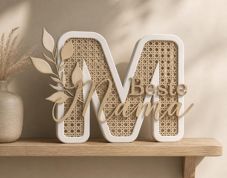 May include: A decorative wooden letter "M" with a white frame and woven cane center. The words "Beste Mama" are in a light brown script across the front. A sprig of leaves is attached to the left side. The item is displayed on a wooden shelf.