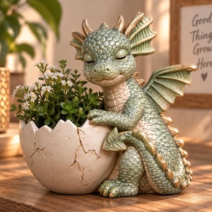 Peut inclure: Un pot de fleurs décoratif en forme de coquille d'œuf blanche fissurée, représentant un dragon vert aux accents dorés posant ses bras sur le bord. Le dragon a les yeux fermés et des écailles texturées, et la coquille contient une petite plante verte.