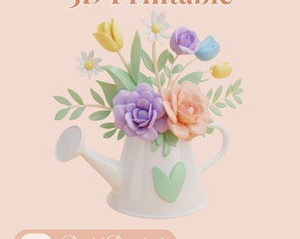 Gießkanne mit rosa Blumenmuster – 3MF-Datei zum Drucken – 3D-Modell eines Straußes rosa Tulpen für den 3D-Druck – Frühlingsdekoration