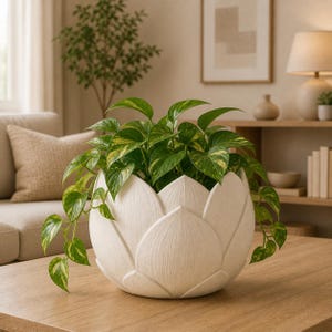 Può includere: Un vaso bianco a forma di loto pieno di una vivace pianta verde con variegature gialle. Il vaso è appoggiato su un tavolo di legno, mettendo in mostra il suo design unico e il verde lussureggiante al suo interno. Le foglie cadono sui lati.