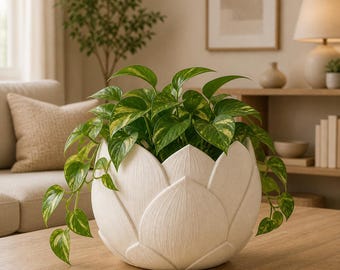 Op de afbeelding: Een witte, lotusvormige plantenbak gevuld met een levendige groene plant met gele vlekken. De plantenbak staat op een houten tafel en toont zijn unieke ontwerp en het weelderige groen erin. De bladeren vallen over de zijkanten.