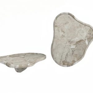 Peut inclure: Deux plateaux décoratifs en marbre. L'un est une étagère flottante de forme arrondie et organique. L'autre plateau a une forme similaire, avec un bord surélevé. Les plateaux présentent un motif veiné beige clair et gris.