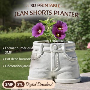May include: A white 3D-printed jean shorts planter with purple flowers. The planter is shaped like denim shorts, featuring pocket and button details. Text on the image reads "3D Printable Jean Shorts Planter" and "Digital Download".