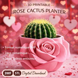 May include: A pink rose-shaped planter holding a green cactus. The planter has a detailed rose design. Text on the image reads "ROSE CACTUS PLANTER" and "3D PRINTABLE". Additional text includes "3MF STL Digital Download".