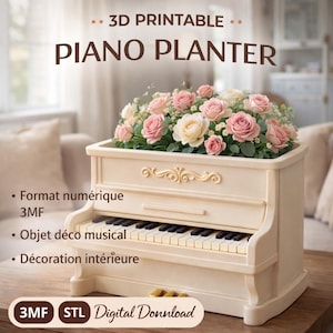Decorative piano flower pot, 3MF 3D printing file, printable piano planter, elegant home decoration