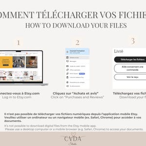 May include: A beige graphic with instructions on how to download files from Etsy. The steps include logging in, clicking on purchases, and downloading files. Text in the image says "How to Download Your Files".