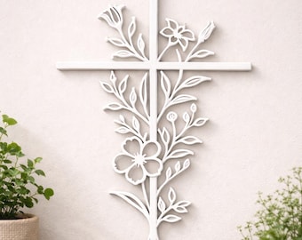 Blumenkreuz (STL-Datei), 3D-gedruckte religiöse Wanddekoration, druckbare Kreuz-Wanddekoration, christliche Blumendekoration (STL-Datei), Taufgeschenk