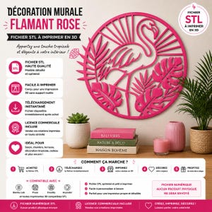 Peut inclure: Une décoration murale circulaire rose vif représentant une silhouette de flamant rose entourée de feuilles tropicales et de rayons de soleil. L'image contient du texte en français détaillant un fichier STL imprimable en 3D, incluant haute qualité, téléchargement instantané et licence commerciale.