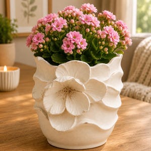 Può includere: Un vaso di fiori in ceramica color crema con un motivo floreale in rilievo, pieno di vivaci piante fiorite rosa. Il vaso è su una superficie di legno, creando un'esposizione decorativa.
