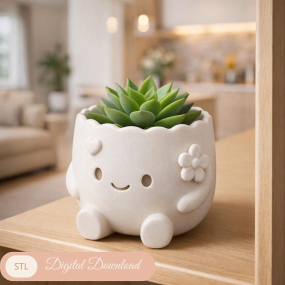Pot plante kawaii STL – Cache-pot mignon avec visage et fleur – Fichier 3D imprimable déco intérieure succulente