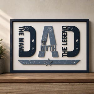 Peut inclure: Tableau encadré avec l'inscription "DAD The Man The Myth The Legend" en bleu marine et gris. L'œuvre présente une étoile et une bannière sur fond blanc, le tout encadré en bleu marine.