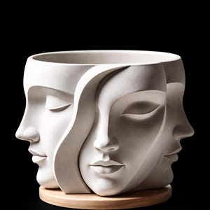 May include: A white ceramic planter featuring three sculpted faces with closed eyes, set against a black background. The faces are intertwined, creating a unique artistic design. The planter sits on a round, light-colored wooden base.