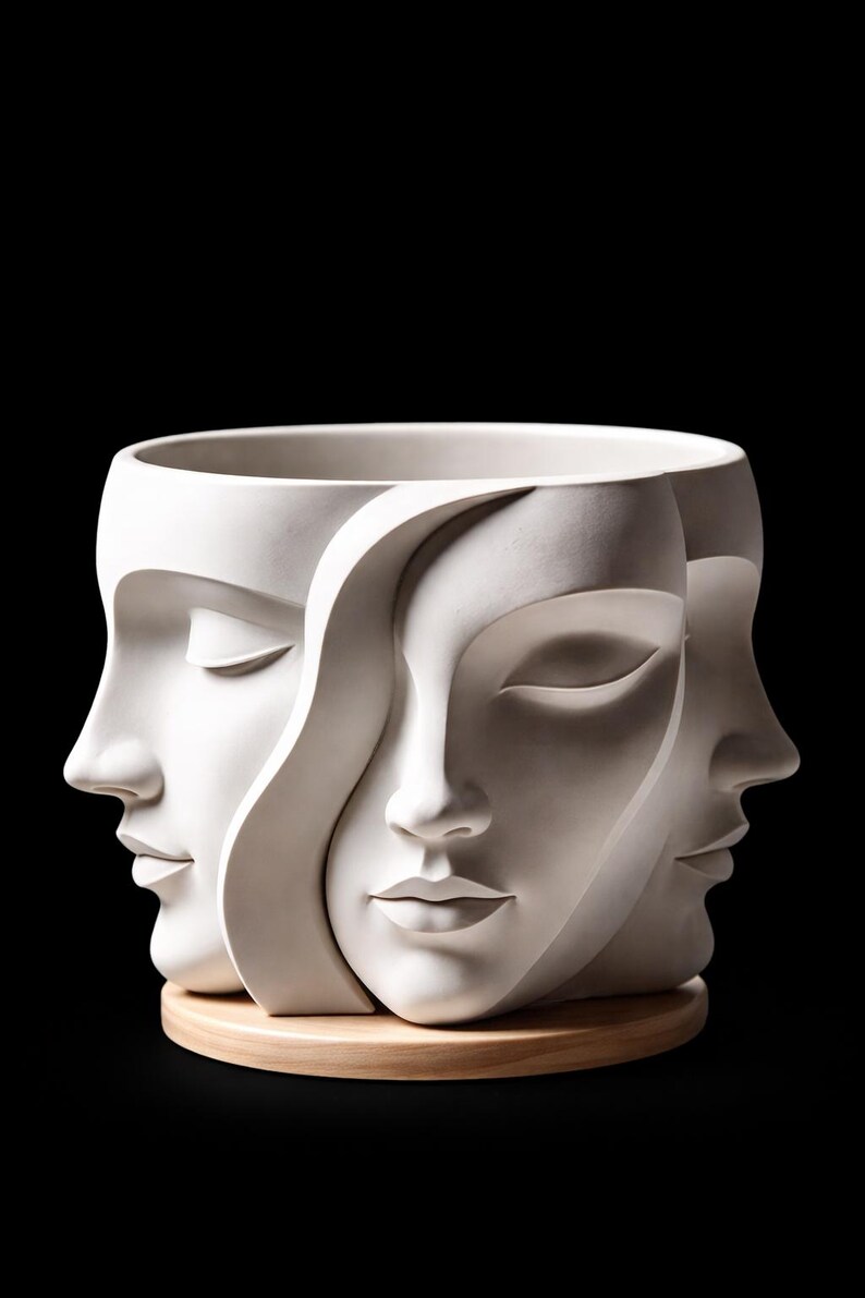 May include: A white ceramic planter featuring three sculpted faces with closed eyes, set against a black background. The faces are intertwined, creating a unique artistic design. The planter sits on a round, light-colored wooden base.