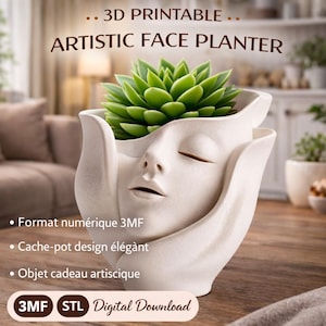 May include: A white, artistic face planter holding a green succulent. The planter is designed with a face and hands. Text on the image reads "3D PRINTABLE ARTISTIC FACE PLANTER" and "3MF STL Digital Download".