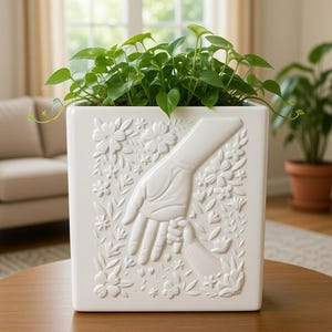 May include: A square, white ceramic planter with a raised relief design of a parent's hand holding a child's hand, surrounded by flowers. The planter is filled with green leafy plants. The planter sits on a round wooden table.