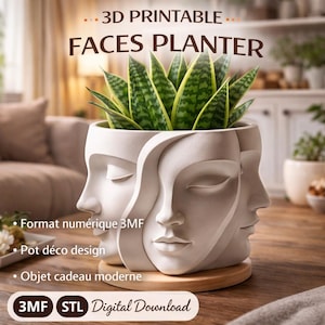 Peut inclure: Un pot de fleurs blanc imprimé en 3D avec trois visages, contenant une plante verte et jaune. Le pot est posé sur une base en bois. Le texte sur l'image indique "3D Printable Faces Planter" et "3MF STL Digital Download."