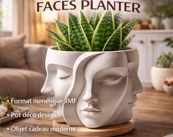 3MF-Datei-Blumentopf mit Gesichtsmotiv, moderner 3D-gedruckter Pflanztopf, druckbarer dekorativer Gesichtstopf für den Innenbereich
