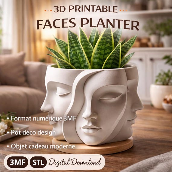 Pot de fleurs design visages fichier 3MF, cache-pot moderne impression 3D, pot décoratif visage printable intérieur