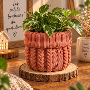 May include: A terracotta-colored knitted plant pot cover featuring a thick ribbed top edge and a vertical cable knit pattern. The pot contains a green and white variegated pothos plant with heart-shaped leaves, resting on a round wooden slice.