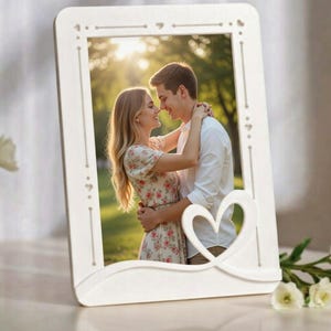 Peut inclure: Un cadre photo rectangulaire blanc avec une découpe en forme de cœur et des cœurs décoratifs. Le cadre contient une photo d'un couple s'embrassant. Le cadre photo est sur une table avec des fleurs blanches.