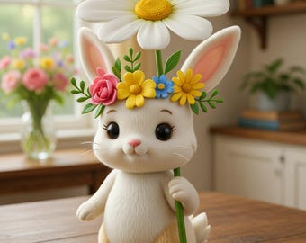 Kawaii-Floristenhase (STL-Datei) – Druckbare 3D-Datei: Hase mit Gänseblümchen – Frühlings- und Osterdekoration – Digitaler Download (Blumen-STL)