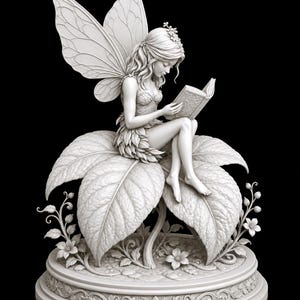 May include: A white fairy sculpture reading a book, seated on a large leaf. The fairy has detailed wings and is adorned with a floral crown. The sculpture is set on a decorative base with floral patterns, all against a black background.