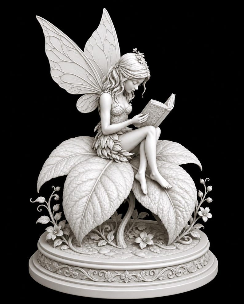 May include: A white fairy sculpture reading a book, seated on a large leaf. The fairy has detailed wings and is adorned with a floral crown. The sculpture is set on a decorative base with floral patterns, all against a black background.