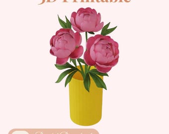 3D-druckbare Vase mit rosa Pfingstrose – Elegante Blumendekoration – 3MF-Datei zum digitalen Download, 3D-Blumen (STL)