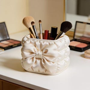 May include: A cream-colored, quilted makeup brush holder with a large bow detail. The holder contains various makeup brushes and lipsticks. The container is square-shaped and sits on a white surface.