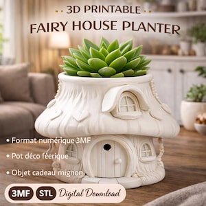 Op de afbeelding: Een witte, 3D-geprinte feeënhuisplanter met een groene vetplant. De planter heeft een grillig ontwerp met een deur, ramen en een dak. Tekst op de afbeelding luidt "3D Printable Fairy House Planter" en "Digital Download".