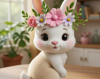 Kawaii-Sitzhase (STL-Datei) – Druckbare 3D-Datei: Hase mit rosa Blumenkrone – Frühlings-/Oster-/Blumendekoration (STL-Datei)