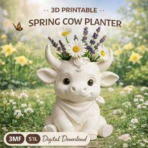 Cow flower pot spring 3MF 3D printing file, printable cow planter, 3D spring decoration
