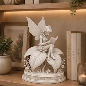 May include: A white fairy figurine reading a book, seated on a large leaf. The fairy has detailed wings and a floral crown. The figurine is on a decorative base with floral accents. The background includes books and a framed picture.