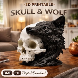 May include: A 3D-printable sculpture featuring a white skull with a black wolf emerging from it. The sculpture is on a wooden surface. Text on the image reads "-3D PRINTABLE- SKULL & WOLF" and "3MF STL Digital Download".