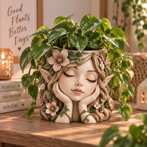 Può includere: Un vaso decorativo a forma di volto sereno con occhi chiusi, orecchie a punta e capelli fluenti adornati con fiori rosa scolpiti e viticci verdi. Una rigogliosa pianta di pothos verde cresce dalla parte superiore, ricadendo sui lati.