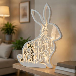 Könnte beinhalten: Weiße dekorative Hasenlampe mit floralem Ausschnitt. Die Lampe wird mit warmweißen Lichtern beleuchtet, die ein sanftes Leuchten erzeugen. Der Hase sitzt auf einem Holzregal, im Hintergrund Bücher. Eine charmante Osterdekoration.